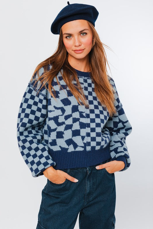 Long Sleeve Checkerboard Sweater