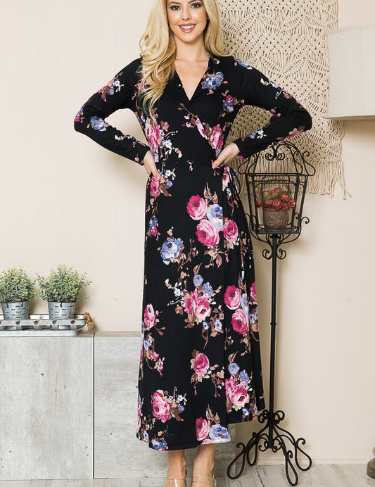 Women's Floral Print Maxi Wrap Dress with Waist Tie