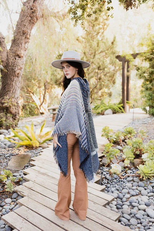 Herringbone Tweed Hooded Frayed Edge Poncho