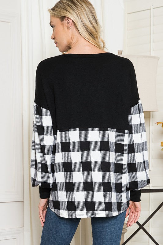 Women's Oversized Plaid Balloon Sleeve Sweater