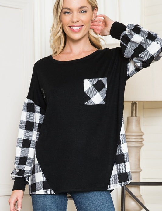 Plaid Contrast Bell Sleeve Sweater Knit