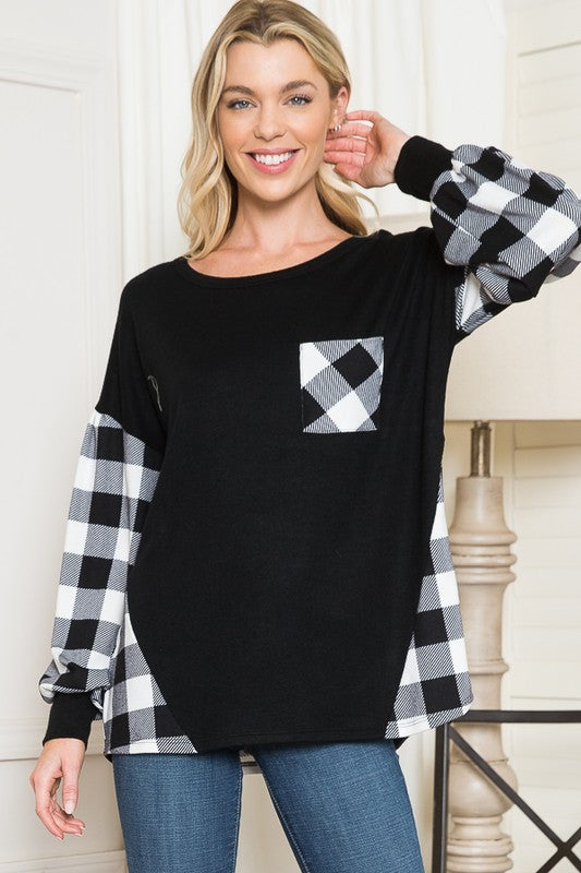 Women's Oversized Plaid Balloon Sleeve Sweater