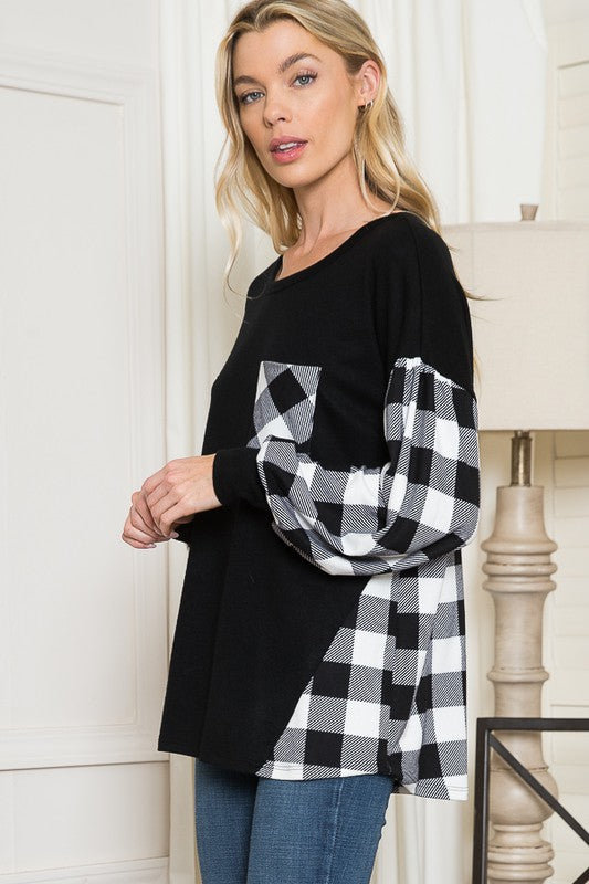 Women's Oversized Plaid Balloon Sleeve Sweater