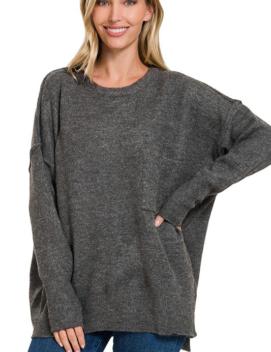 Melange Hi-Low Hem Pocket Sweater