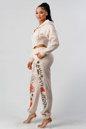 Women's Casual Zipper Jacket and Graphic Pants Set