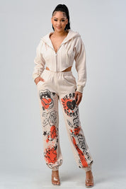 Women's Casual Zipper Jacket and Graphic Pants Set