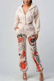 Women's Casual Zipper Jacket and Graphic Pants Set