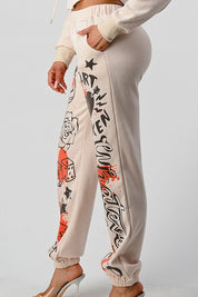 Women's Casual Zipper Jacket and Graphic Pants Set