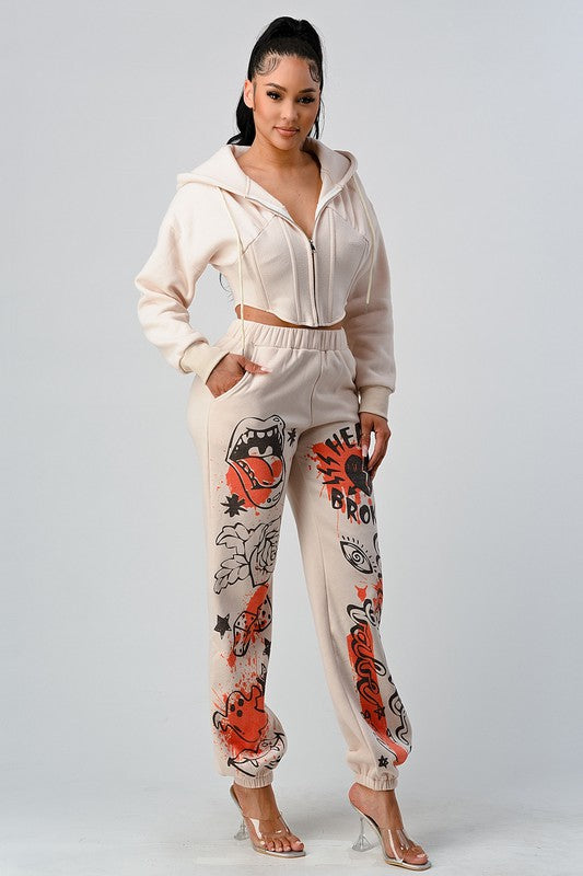 Women's Casual Zipper Jacket and Graphic Pants Set