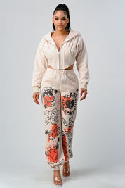 Women's Casual Zipper Jacket and Graphic Pants Set