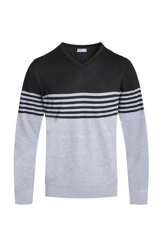 Men's V-Neck Stripe Knit Pullover Sweater