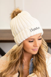 Women's Embroidered Faux Fur Pom Beanie Cap