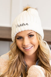 Women's Embroidered Faux Fur Pom Beanie Cap