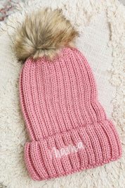 Women's Embroidered Faux Fur Pom Beanie Cap