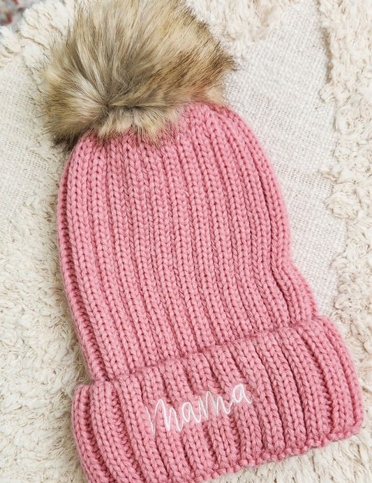 Women's Embroidered Faux Fur Pom Beanie Cap