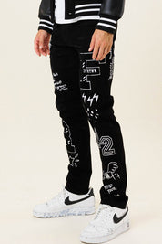 Men's Slim Fit Black Denim Pants with Multi Patches