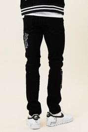 Men's Slim Fit Black Denim Pants with Multi Patches