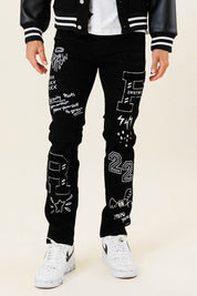 Men's Slim Fit Black Denim Pants with Multi Patches