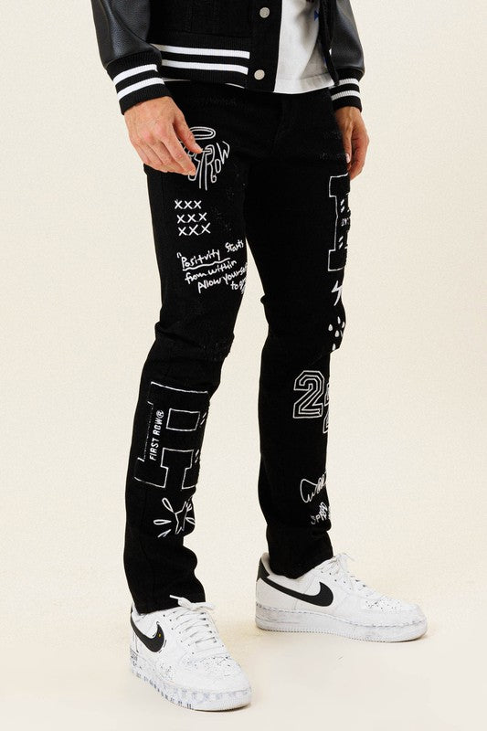 Men's Slim Fit Black Denim Pants with Multi Patches