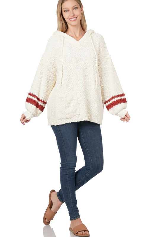 Women's Oversized Hooded Popcorn Sweater with Pockets