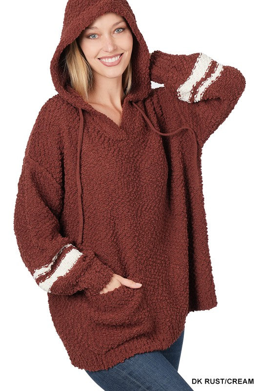 Women's Oversized Hooded Popcorn Sweater with Pockets