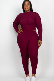 Women's Plus Fitted Ribbed Mock Neck Top and Leggings Set