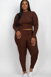 Women's Plus Fitted Ribbed Mock Neck Top and Leggings Set