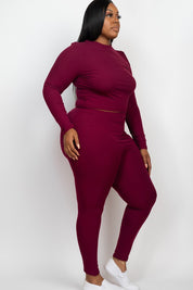 Women's Plus Fitted Ribbed Mock Neck Top and Leggings Set