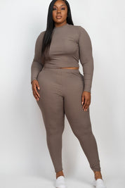 Women's Plus Fitted Ribbed Mock Neck Top and Leggings Set