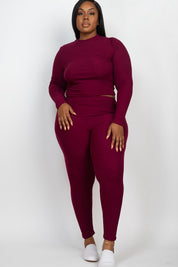 Women's Plus Fitted Ribbed Mock Neck Top and Leggings Set