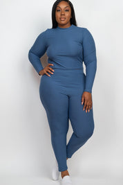 Women's Plus Fitted Ribbed Mock Neck Top and Leggings Set