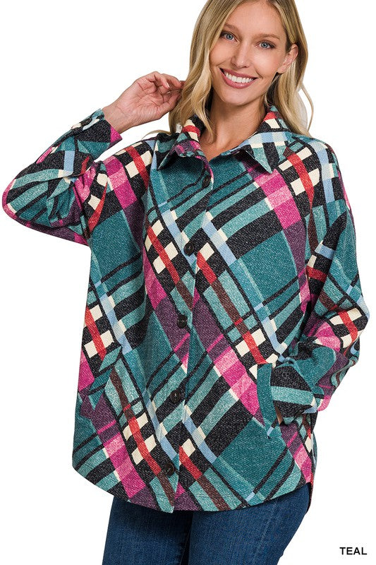 Women's Loose Fit Jacquard Plaid Shacket with Pockets