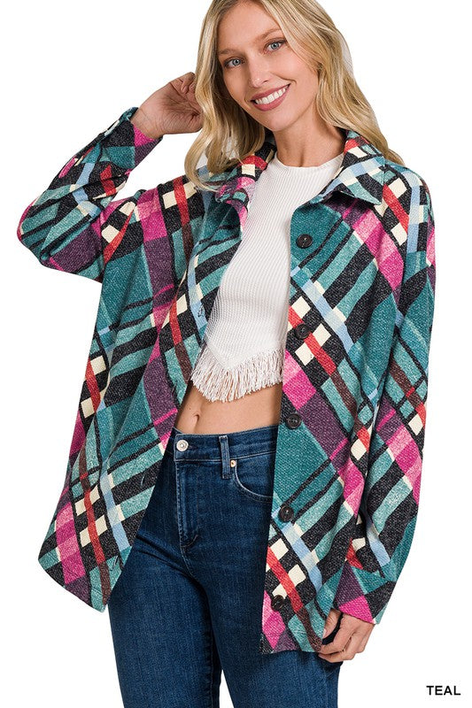 Women's Loose Fit Jacquard Plaid Shacket with Pockets