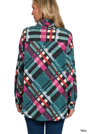 Women's Loose Fit Jacquard Plaid Shacket with Pockets