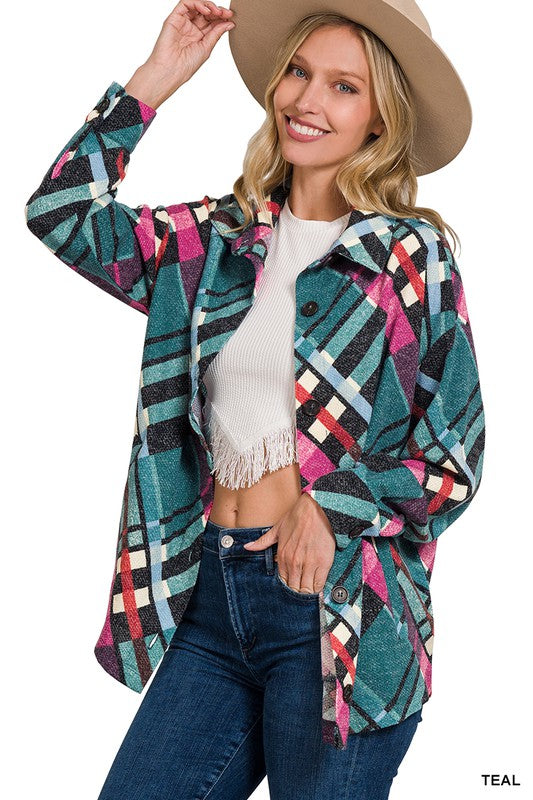 Women's Loose Fit Jacquard Plaid Shacket with Pockets