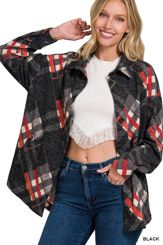 Women's Loose Fit Jacquard Plaid Shacket with Pockets