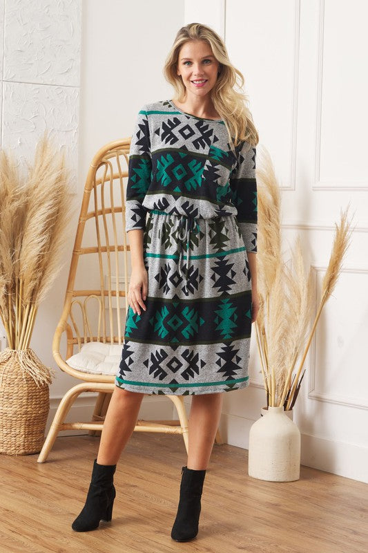 Women's Tribal Drawstring Blouson Midi Dress