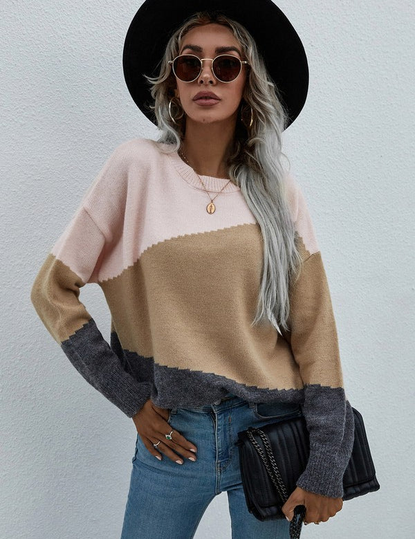 Women's Oversized Color Block Round Neck Sweater