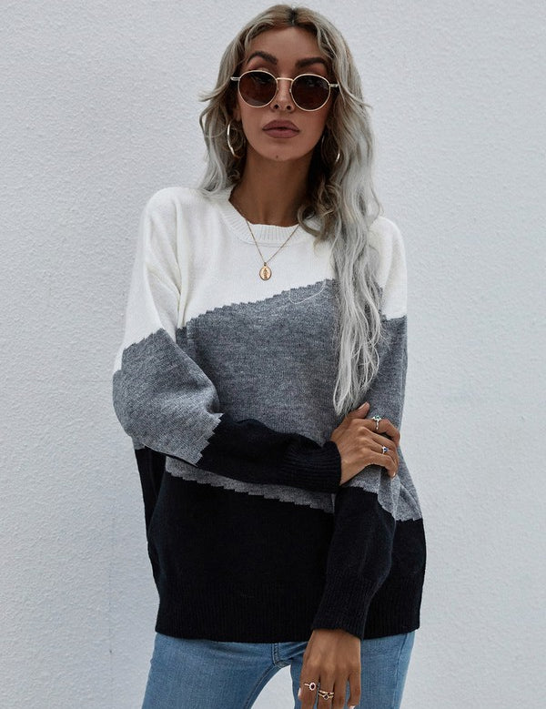 Women's Oversized Color Block Round Neck Sweater