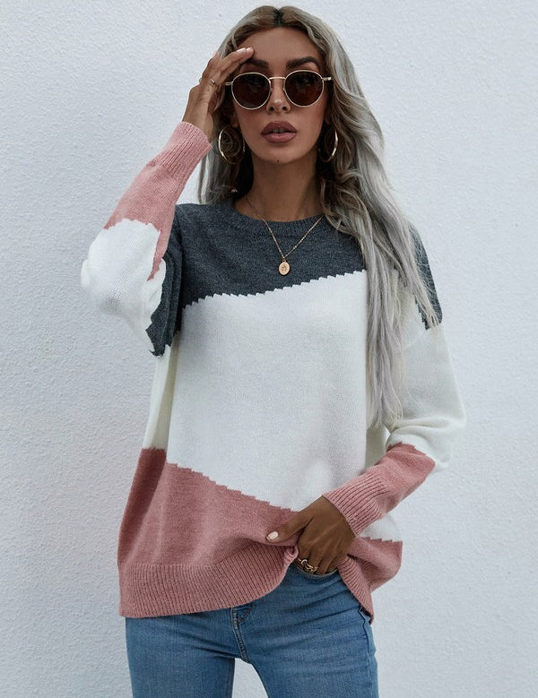 Women's Oversized Color Block Round Neck Sweater