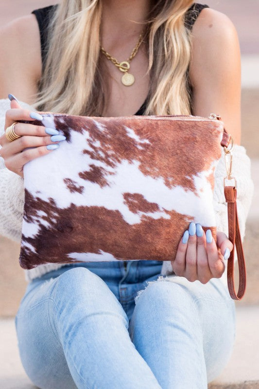 Women's Faux Fur Cow Print Clutch Bag