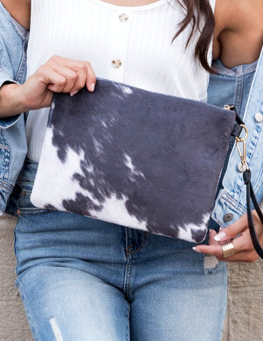 Women's Faux Fur Cow Print Clutch Bag