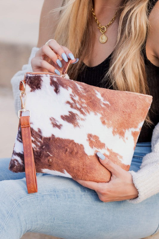 Women's Faux Fur Cow Print Clutch Bag