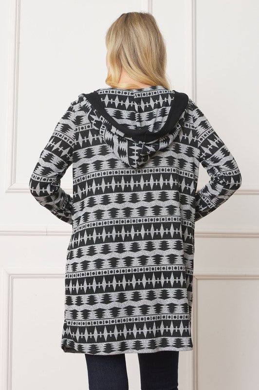 Women's Long Hooded Tribal Print Cardigan