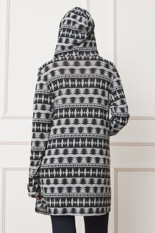 Women's Long Hooded Tribal Print Cardigan