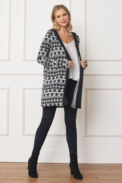 Women's Long Hooded Tribal Print Cardigan