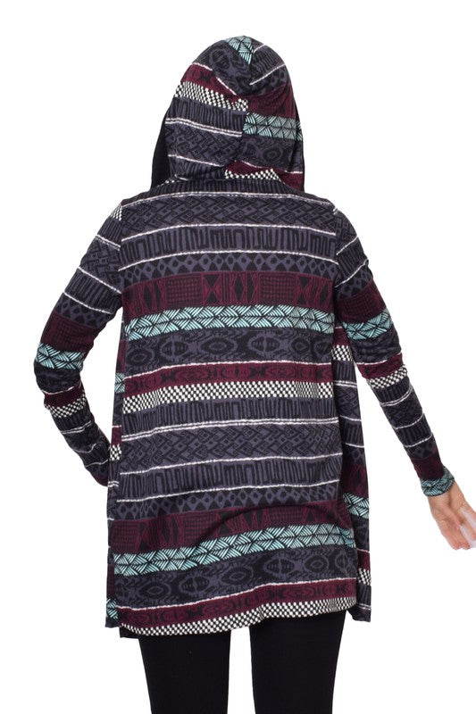 Women's Long Hooded Tribal Print Cardigan