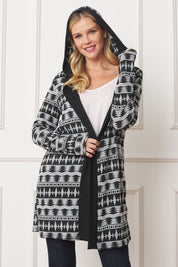 Women's Long Hooded Tribal Print Cardigan