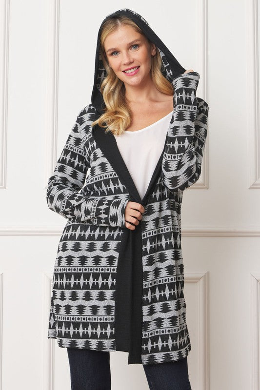 Plus Size Hooded Tribal Print Long Cardigan