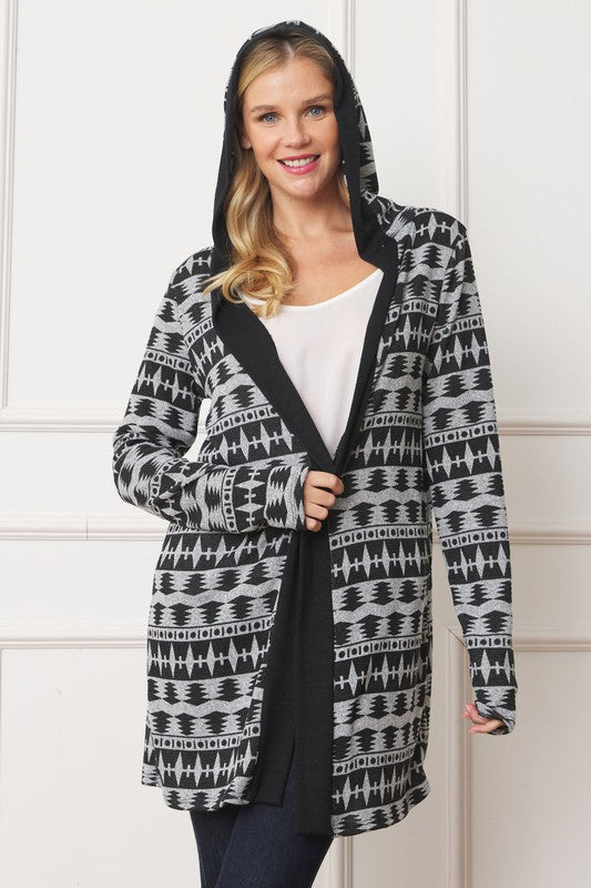 Women's Long Hooded Tribal Print Cardigan